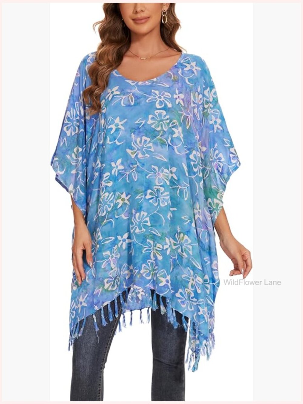 Batik Short Kaftan Tunic Top Plus Size XL-4X V-Neck Fringe
